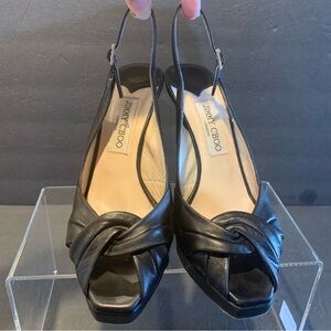 Jimmy Choo POEM Peep Toe Black Nappa Leather Women's Slingback Shoes 38
